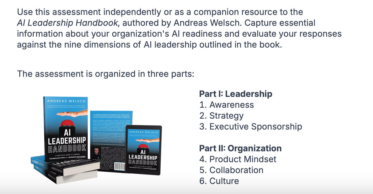 Assess your organization's current AI readiness on a business level and by individual dimension with the AI Readiness Assessment.