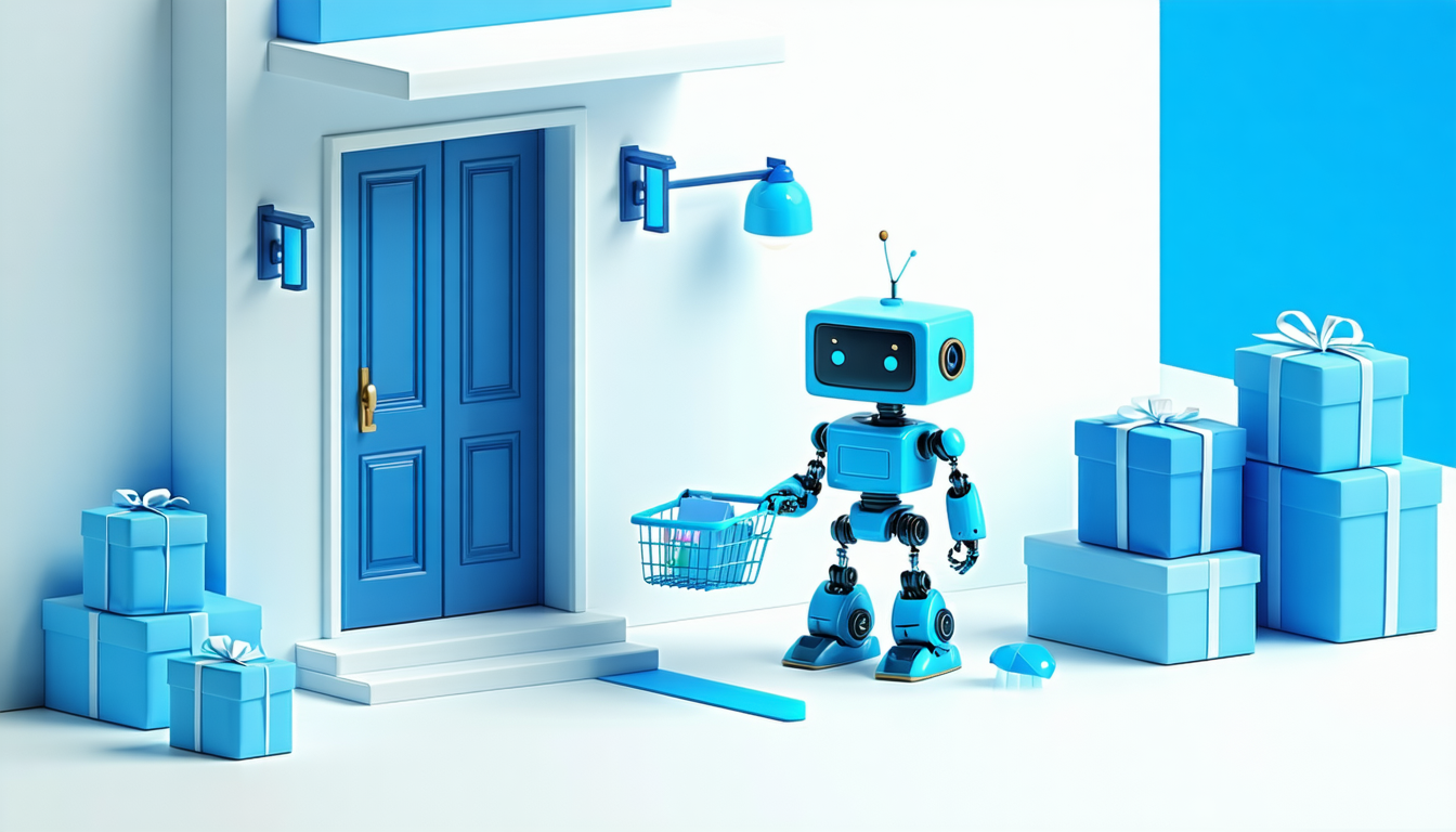 Friendly retro toy robot carrying a shopping basket toward a storefront, illustrating AI agents shopping for customers